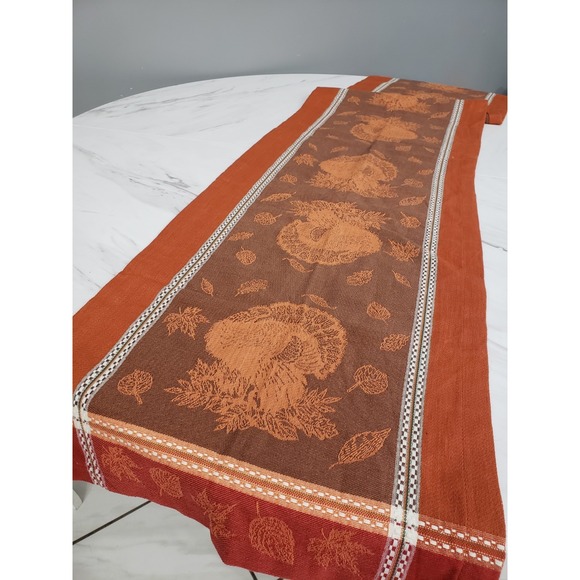 Fall Jacquard Turkey Table Runner Thanksgiving Decor Browns Oranges Autumn - Picture 1 of 5